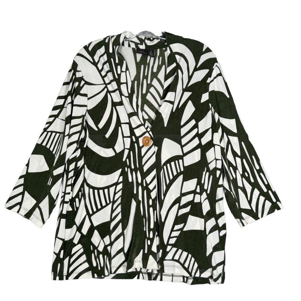 Chicos Sweater Womens Large White Green Geometric Slinky Jersey Knit Lagenlook